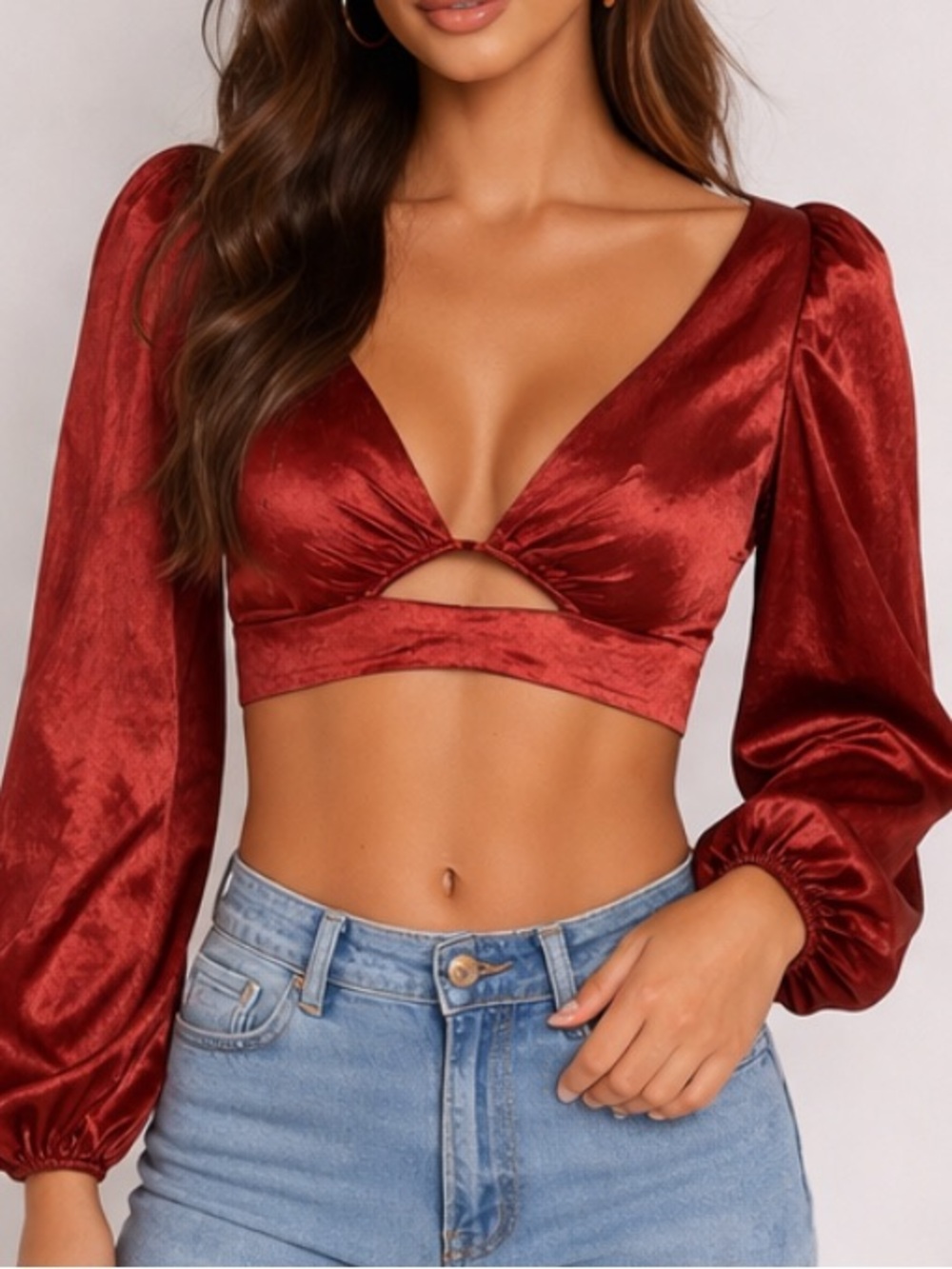 Rust Red Satin Long Sleeve Tie-Back Crop Top